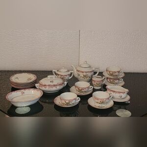 Vintage 24 Pieces Elegant Floral Mini Tea Set with Red Accents